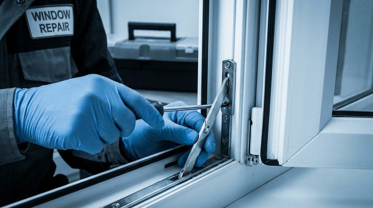 Window repair specialist adjusting a uPVC window mechanism